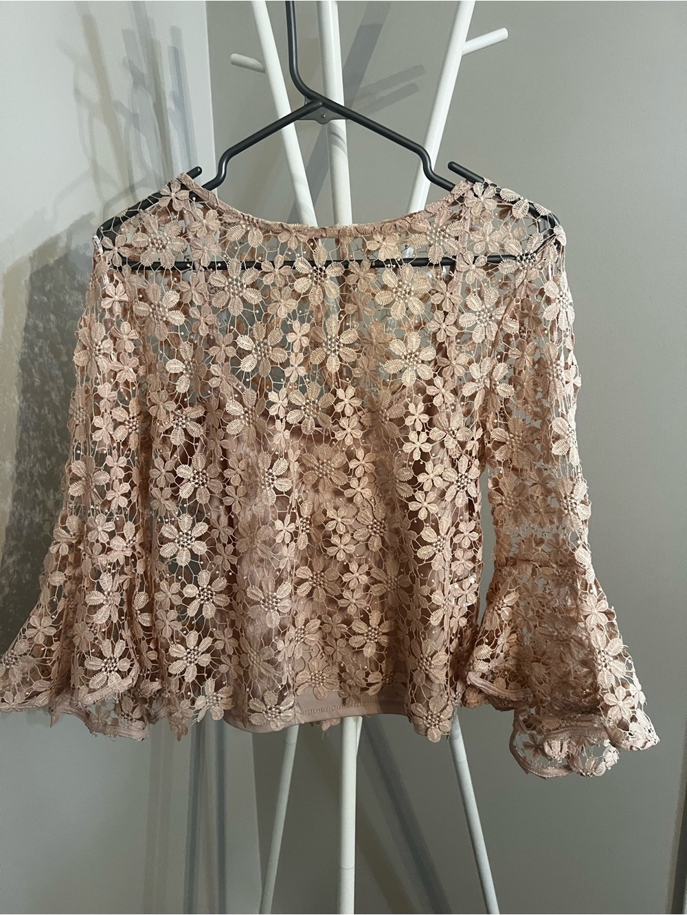 Adiva Peach Floral Crochet Bell-Sleeve Blouse